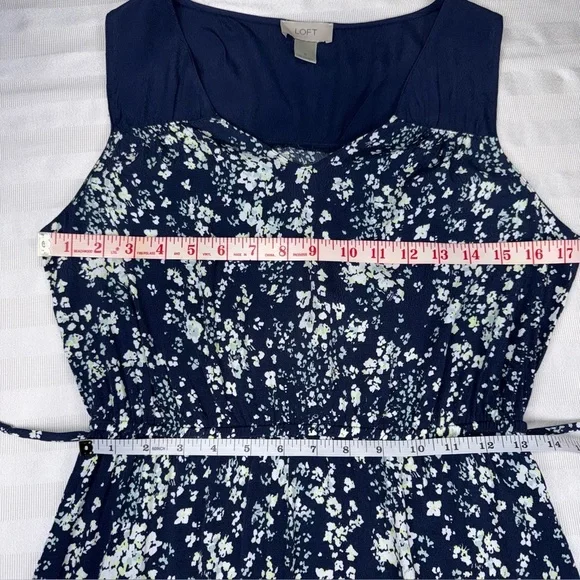 Ann Taylor Loft Floral Navy Dress Belted Sleeveless Small V-Neck - Picture 7 of 13